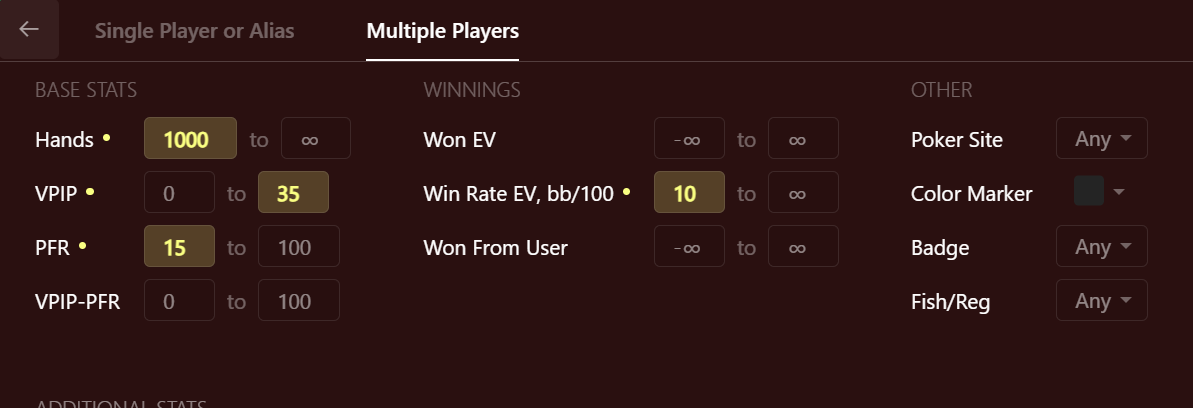 Multiple player filter dialog